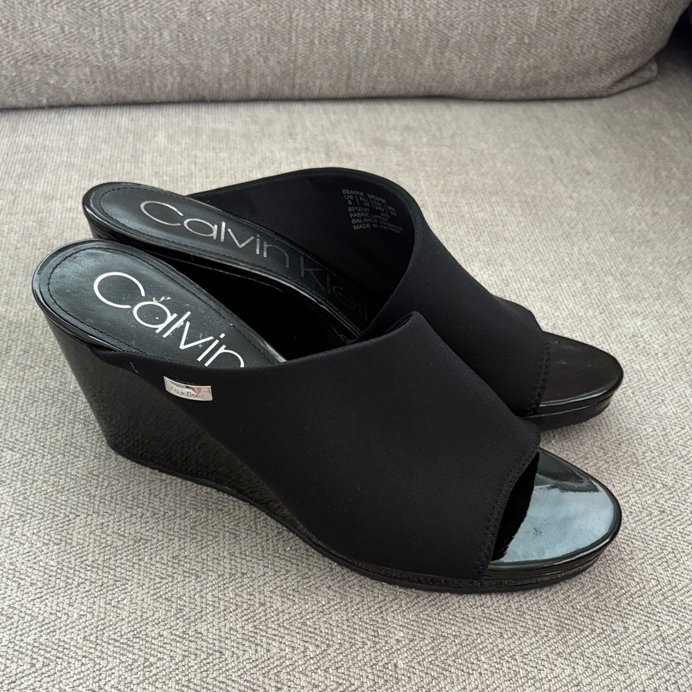 Calvin Klein Black Open-Toe Wedge Mules Size 8